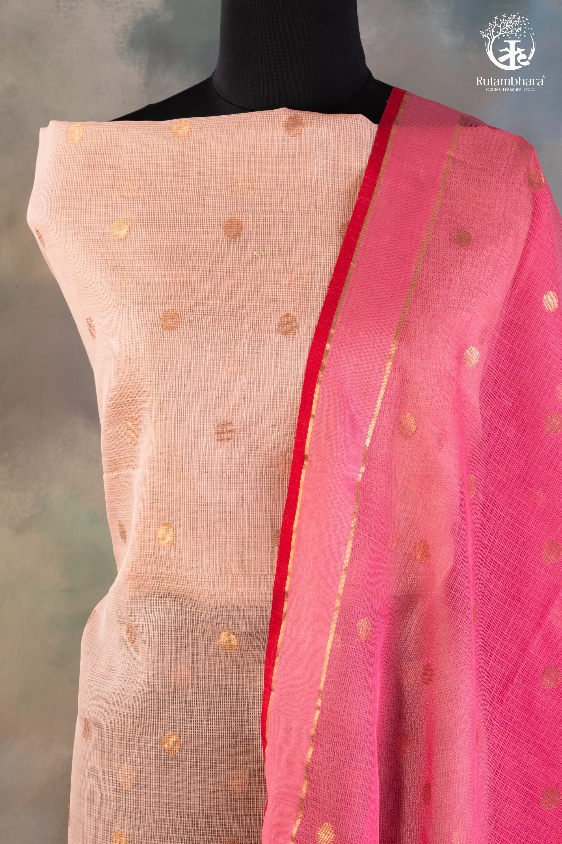 Blush Beige & Rani Pink Zari Kota Doria Suit Set with Floral & Zari Accents-RUTAMBHARA-RUTAMBHARA