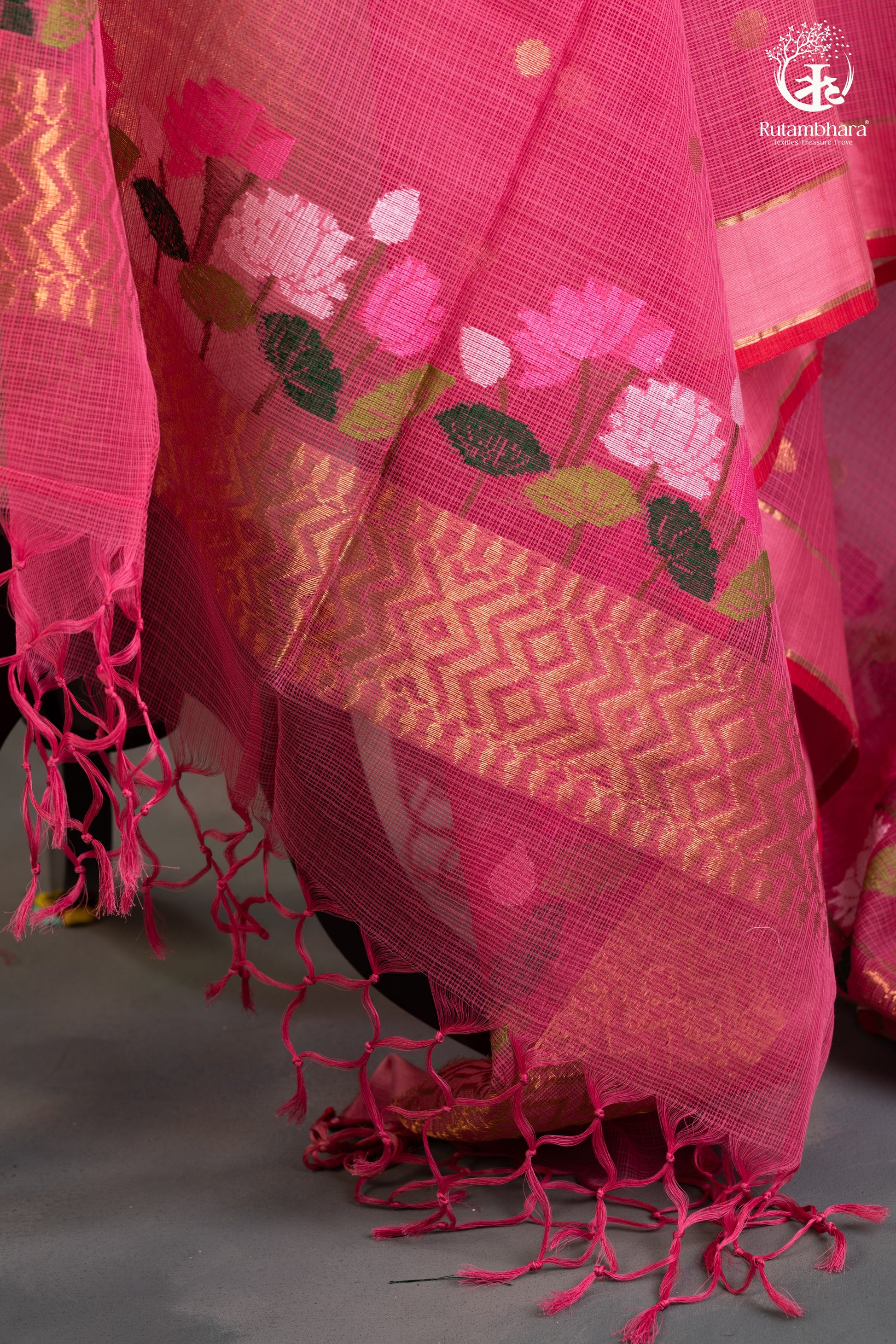 Blush Beige & Rani Pink Zari Kota Doria Suit Set with Floral & Zari Accents-RUTAMBHARA-RUTAMBHARA