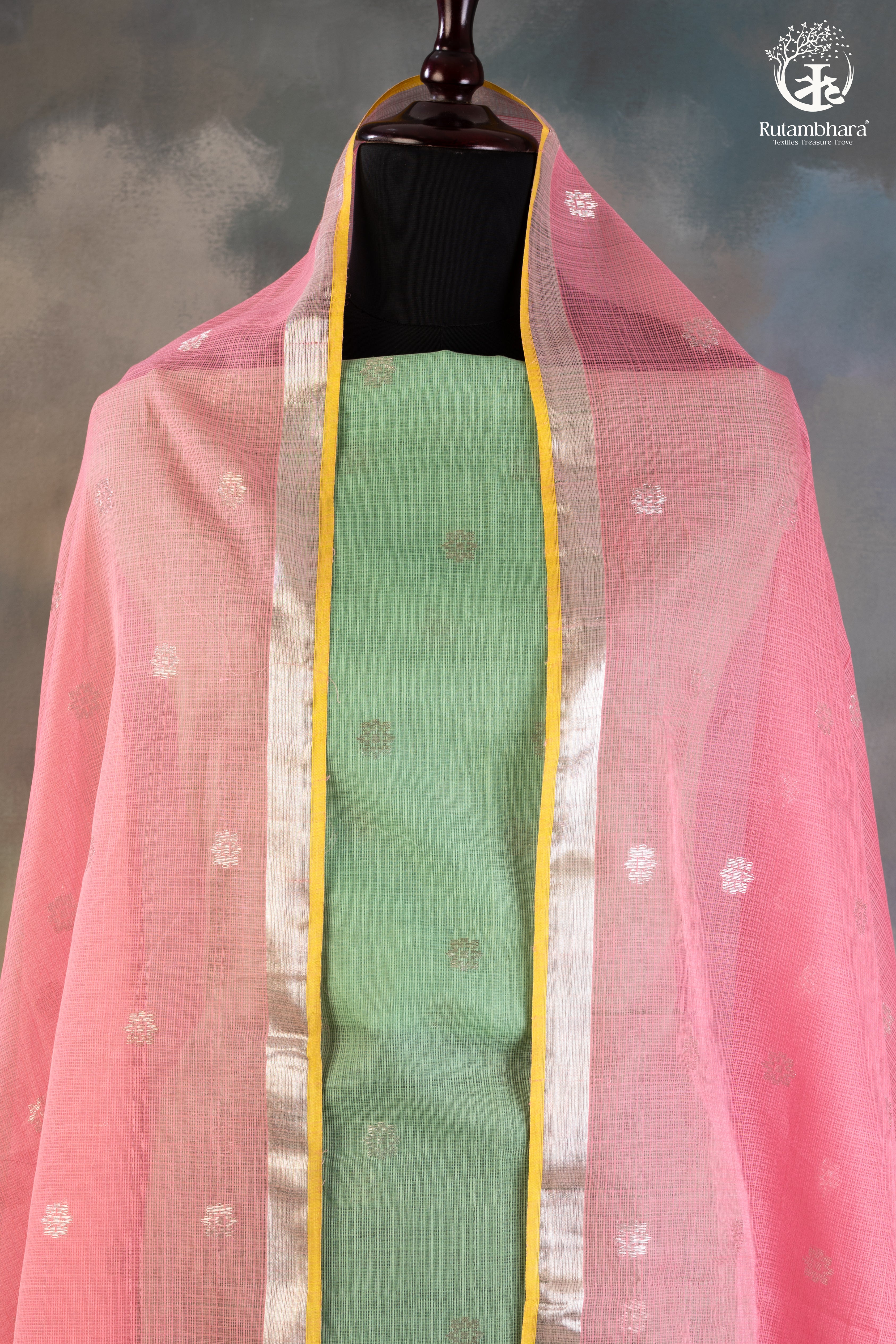 Handwoven Pichwai Zari Kota Suit Set – Mint Green & Pink
