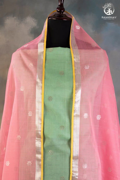 Aliyah - Mint Green & Pink Handwoven Pichwai Zari Kota Suit-RUTAMBHARA-RUTAMBHARA