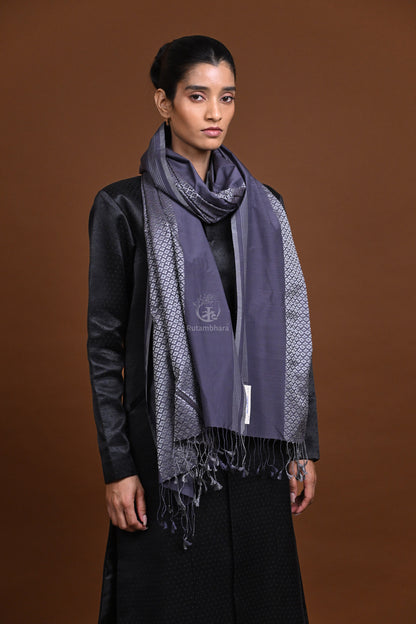 Eiraa - Handwoven Monochrome stole with broad plain border elegantly woven with silk and cotton yarns.-Rutambhara-RUTAMBHARA
