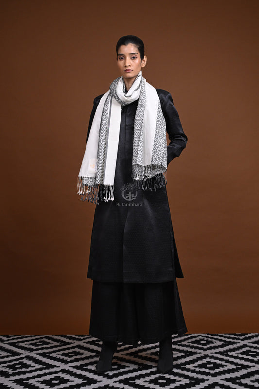 Eiraa - Handwoven Monochrome stole with broad plain border elegantly woven with silk and cotton yarns.