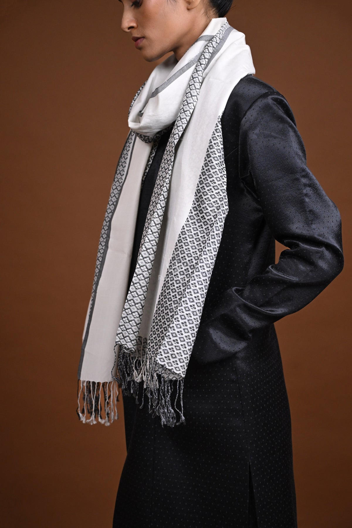 Eiraa - Handwoven Monochrome stole with broad plain border elegantly woven with silk and cotton yarns.