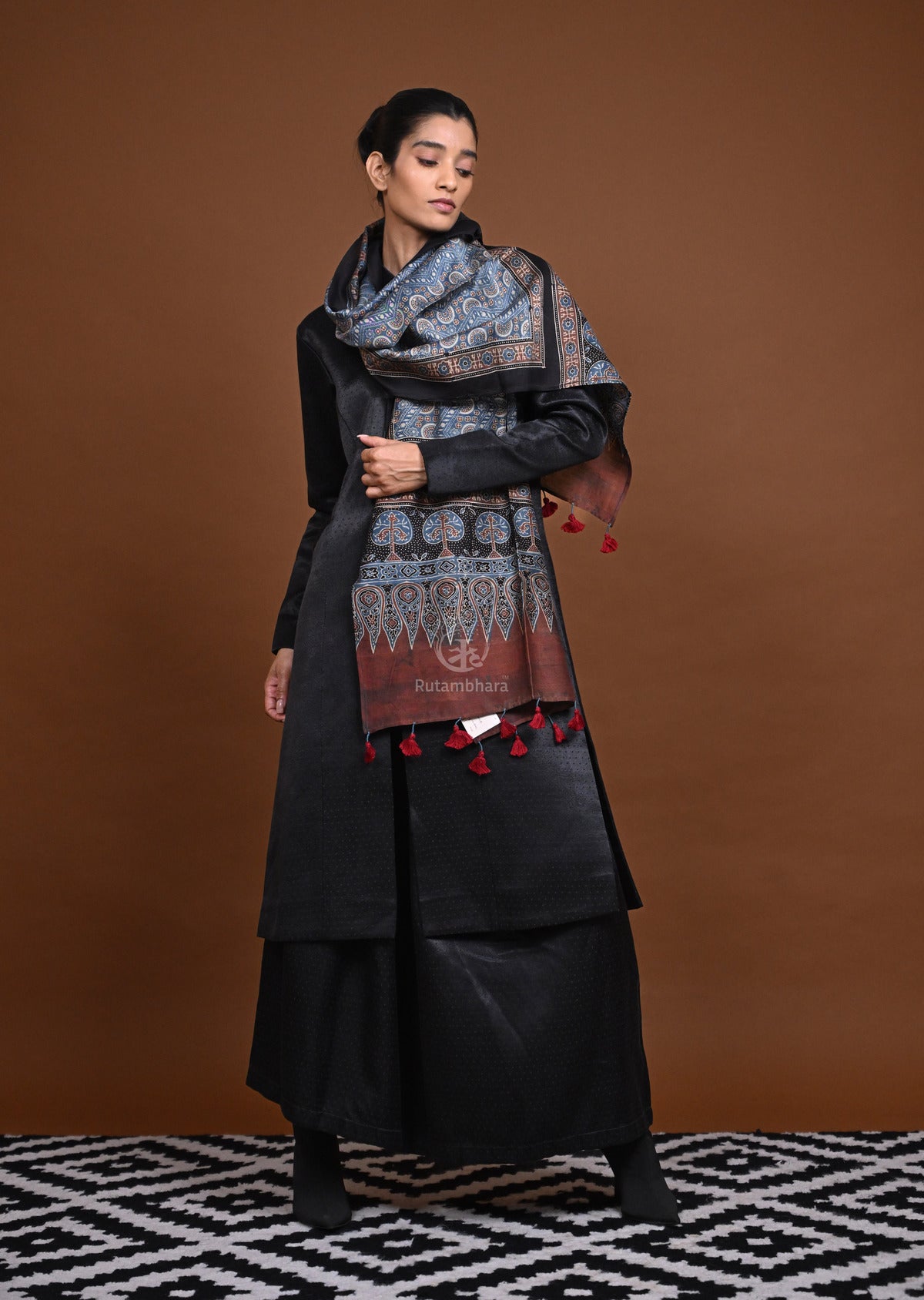 Ushraa - Blue Handblock printed  Ajrakh Chanderi Stole