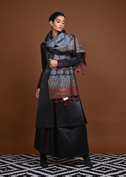 Ushraa - Blue Handblock printed Ajrakh Chanderi Stole-Rutambhara-RUTAMBHARA