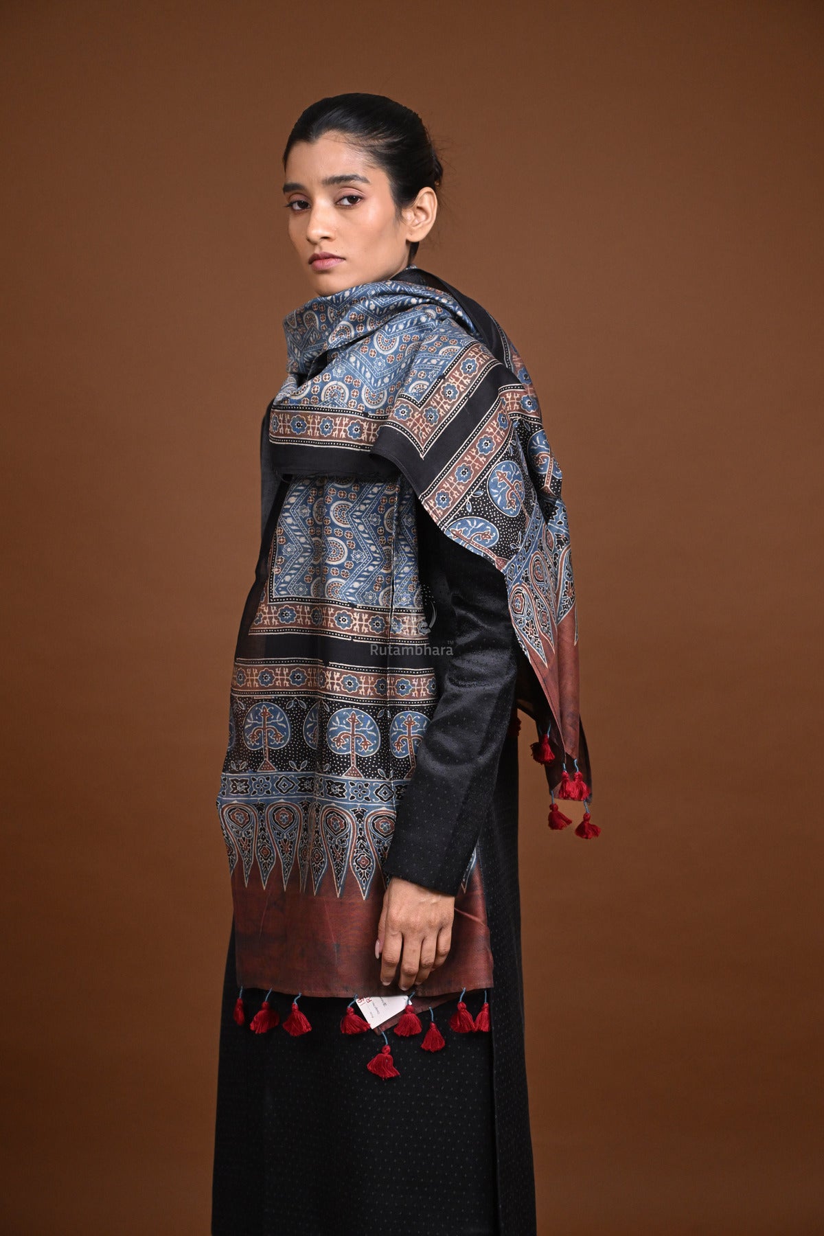 Ushraa - Blue Handblock printed  Ajrakh Chanderi Stole