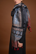 Ushraa - Blue Handblock printed Ajrakh Chanderi Stole-Rutambhara-RUTAMBHARA