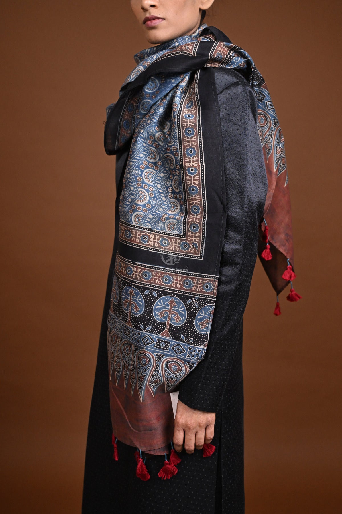 Ushraa - Blue Handblock printed Ajrakh Chanderi Stole-Rutambhara-RUTAMBHARA