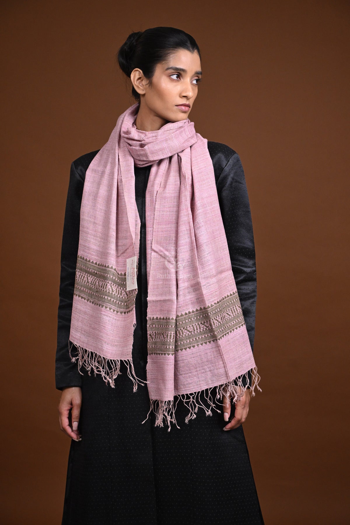 Meitei - Handwoven pastel pink and brown natural dyed Eri Silk stole-Rutambhara-RUTAMBHARA