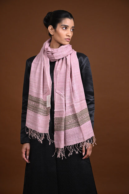 Meitei - Handwoven pastel pink and brown natural dyed Eri Silk stole-Rutambhara-RUTAMBHARA