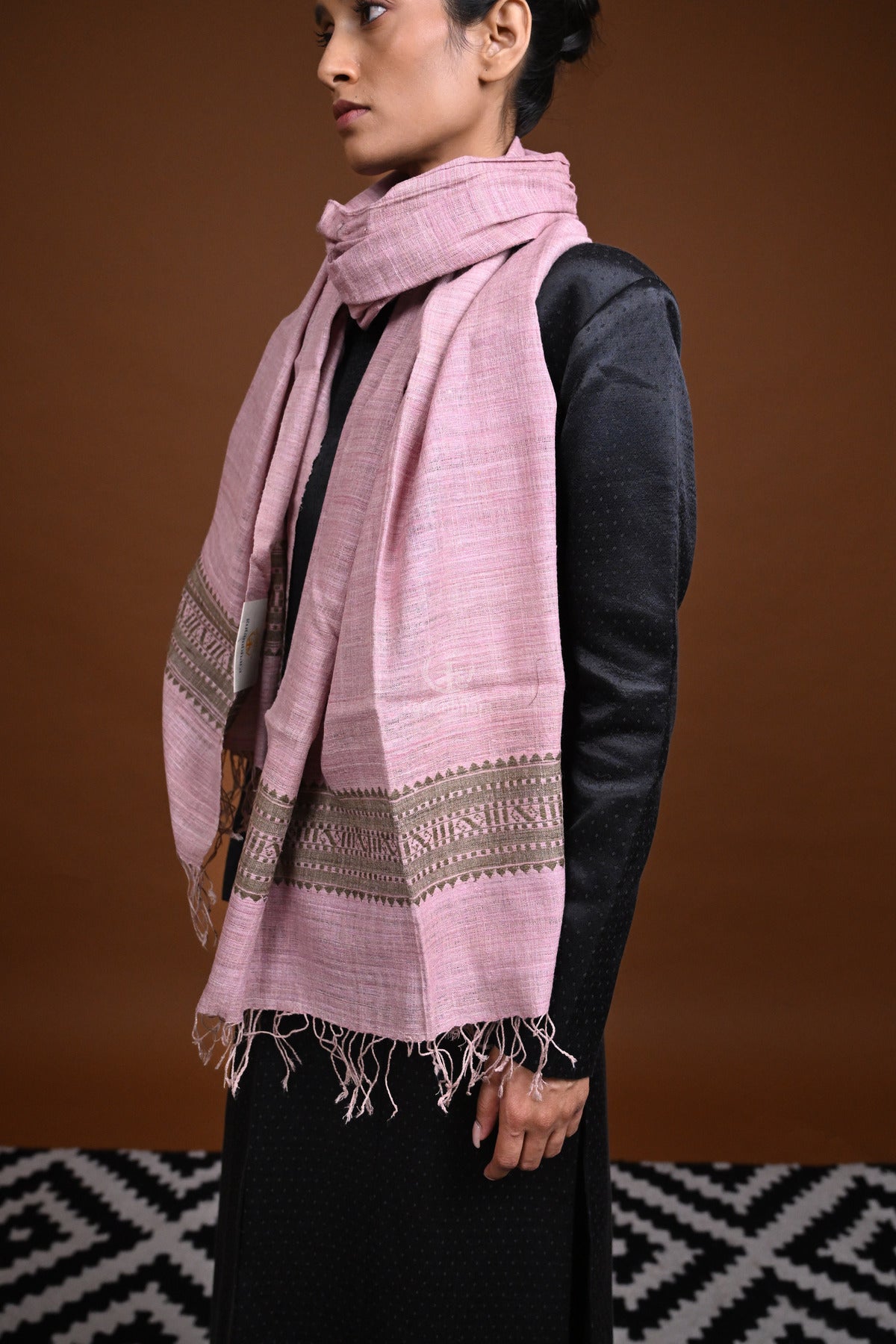 Meitei - Handwoven pastel pink and brown natural dyed Eri Silk stole-Rutambhara-RUTAMBHARA