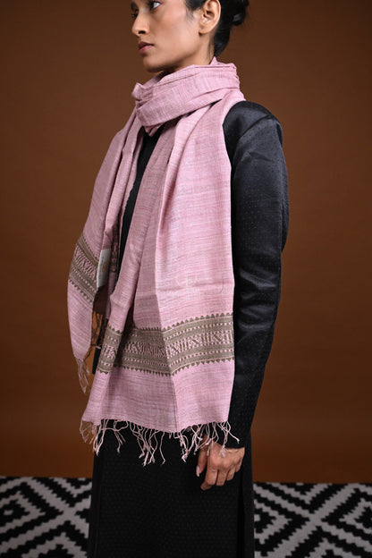 Meitei - Handwoven pastel pink and brown natural dyed Eri Silk stole-Rutambhara-RUTAMBHARA