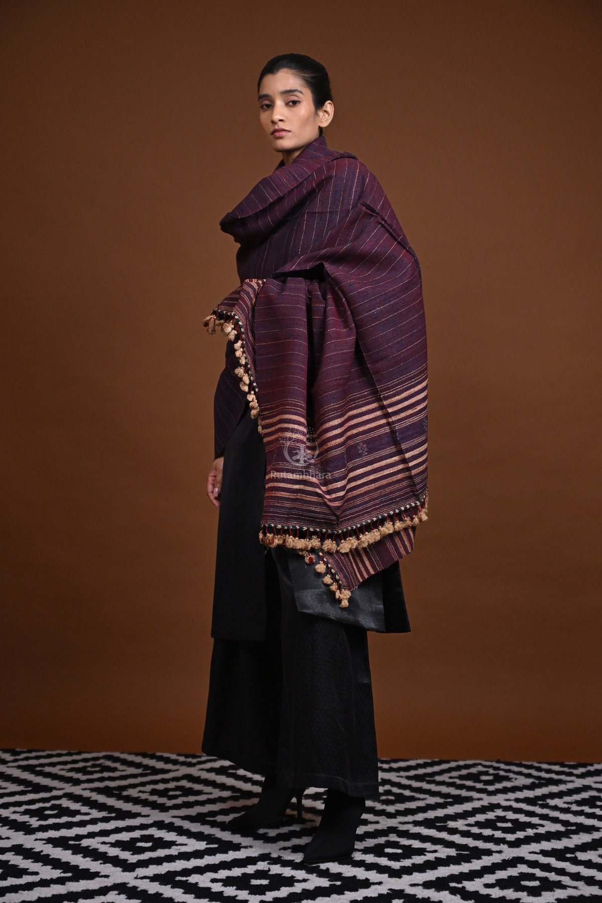 Jessal - Maroonish Blue Handwoven silk woollen shawl with traditional motifs