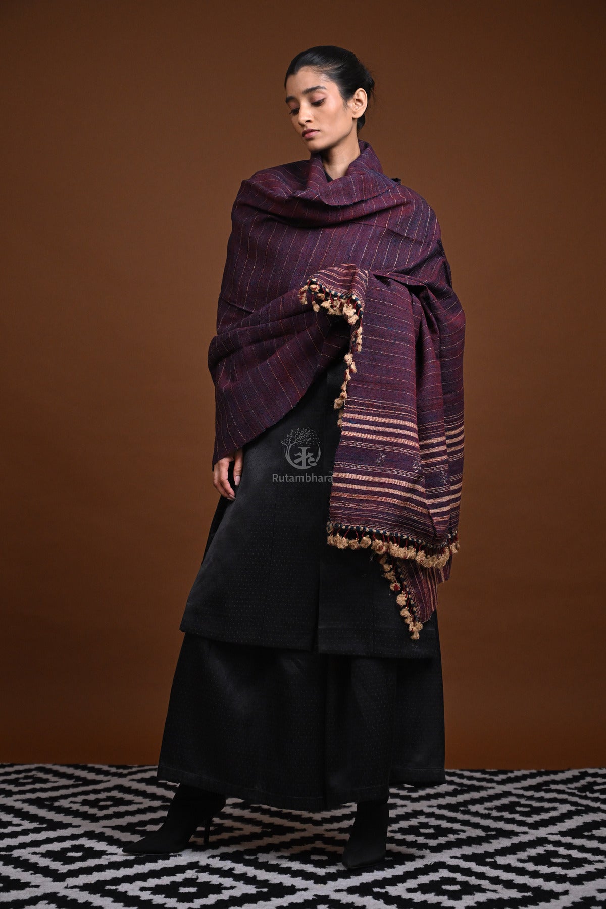 Jessal - Maroonish Blue Handwoven silk woollen shawl with traditional motifs