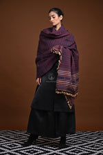Jessal - Maroonish Blue Handwoven silk woollen shawl with traditional motifs-Rutambhara-RUTAMBHARA