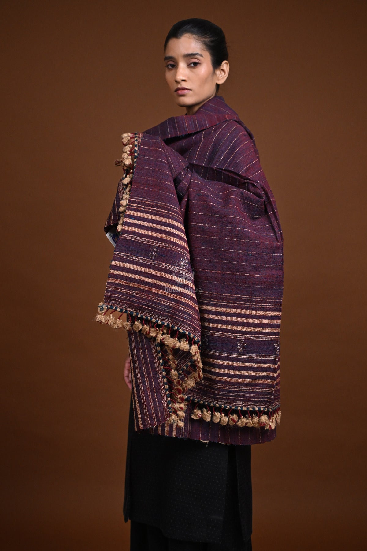 Jessal - Maroonish Blue Handwoven silk woollen shawl with traditional motifs-Rutambhara-RUTAMBHARA