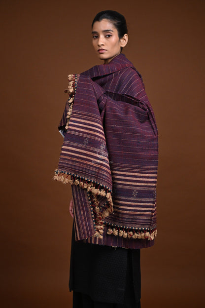 Jessal - Maroonish Blue Handwoven silk woollen shawl with traditional motifs-Rutambhara-RUTAMBHARA