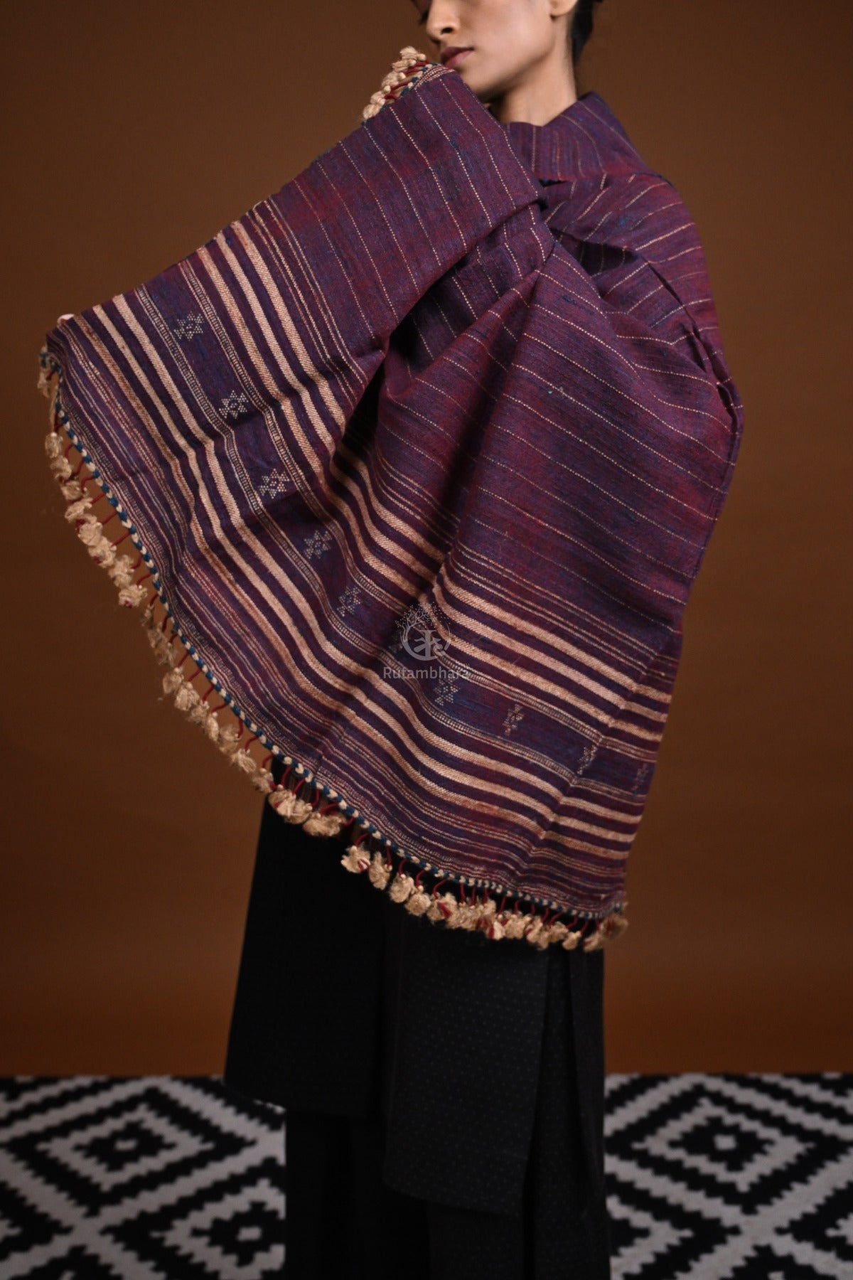 Jessal - Maroonish Blue Handwoven silk woollen shawl with traditional motifs