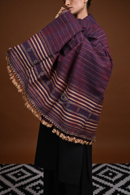 Jessal - Maroonish Blue Handwoven silk woollen shawl with traditional motifs-Rutambhara-RUTAMBHARA