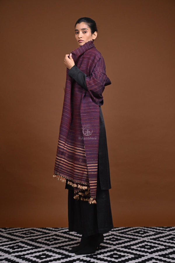 Jessal - Maroonish Blue Handwoven silk woollen shawl with traditional motifs-Rutambhara-RUTAMBHARA