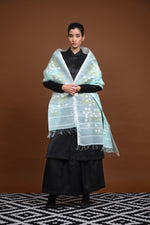 Meitei - Handwoven Aqua Green Silk dupatta with Extra weft motifs-Rutambhara-RUTAMBHARA