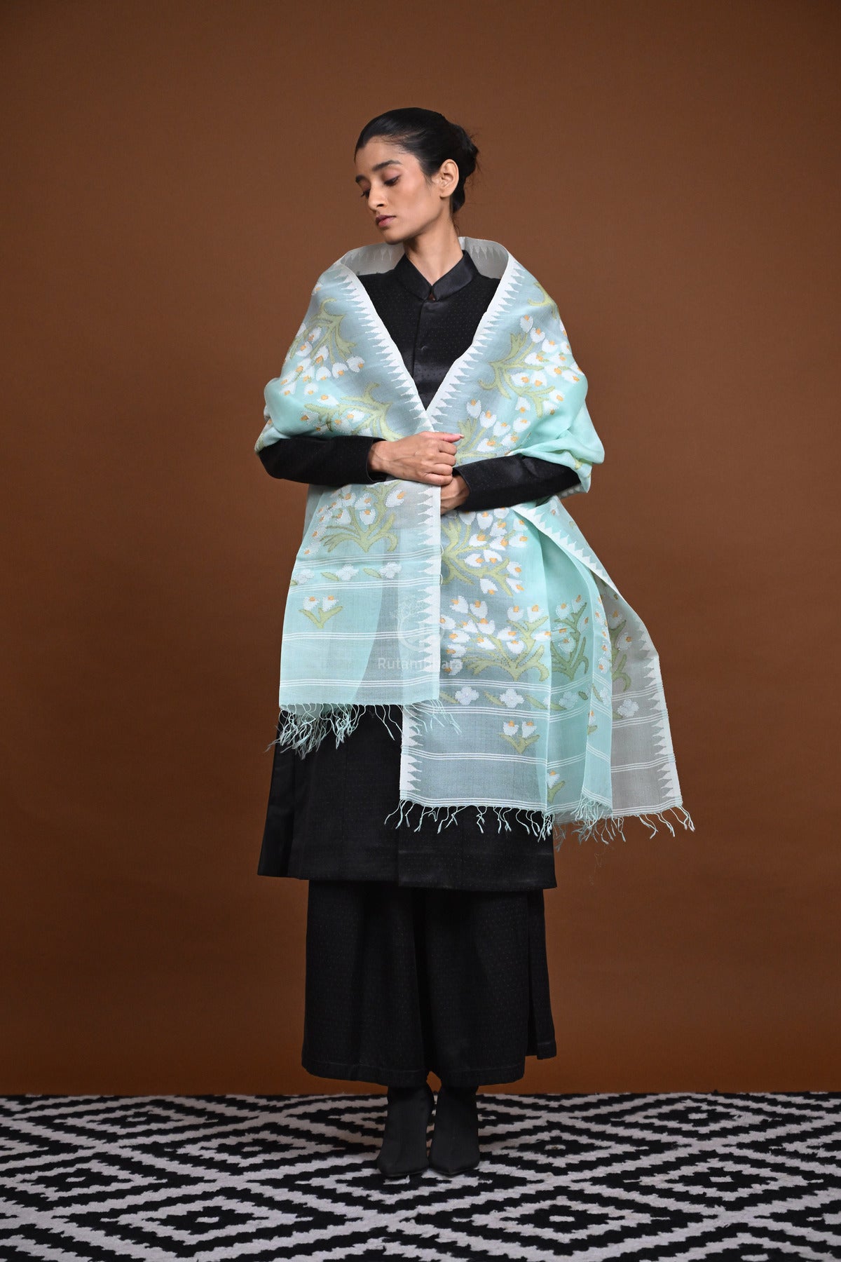 Meitei - Handwoven Aqua Green Silk dupatta with Extra weft motifs