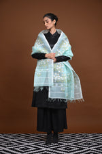 Meitei - Handwoven Aqua Green Silk dupatta with Extra weft motifs-Rutambhara-RUTAMBHARA