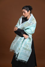 Meitei - Handwoven Aqua Green Silk dupatta with Extra weft motifs-Rutambhara-RUTAMBHARA
