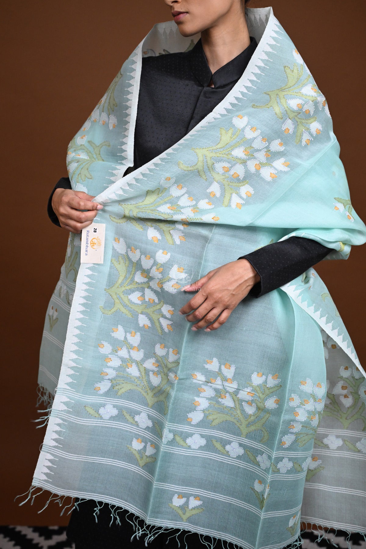 Meitei - Handwoven Aqua Green Silk dupatta with Extra weft motifs