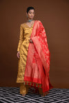 Noushk - Carrot Red Handloom Banarasi Silk Dupatta with Gold Zari Floral Jaal