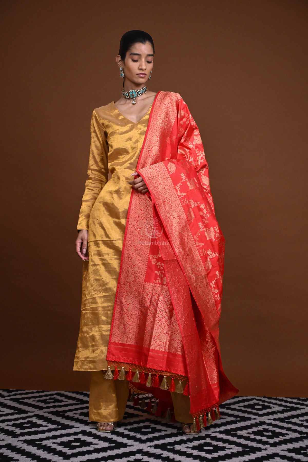 Noushk - Carrot Red Handloom Banarasi Silk Dupatta with Gold Zari Floral Jaal