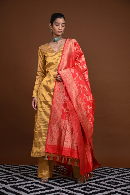 Noushk - Carrot Red Handloom Banarasi Silk Dupatta with Gold Zari Floral Jaal