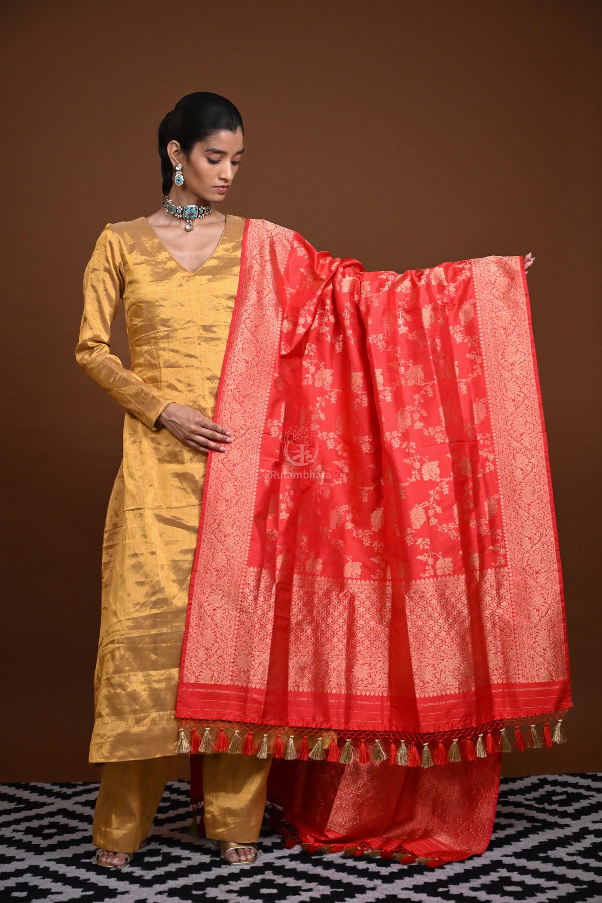 Noushk - Carrot Red Handloom Banarasi Silk Dupatta with Gold Zari Floral Jaal