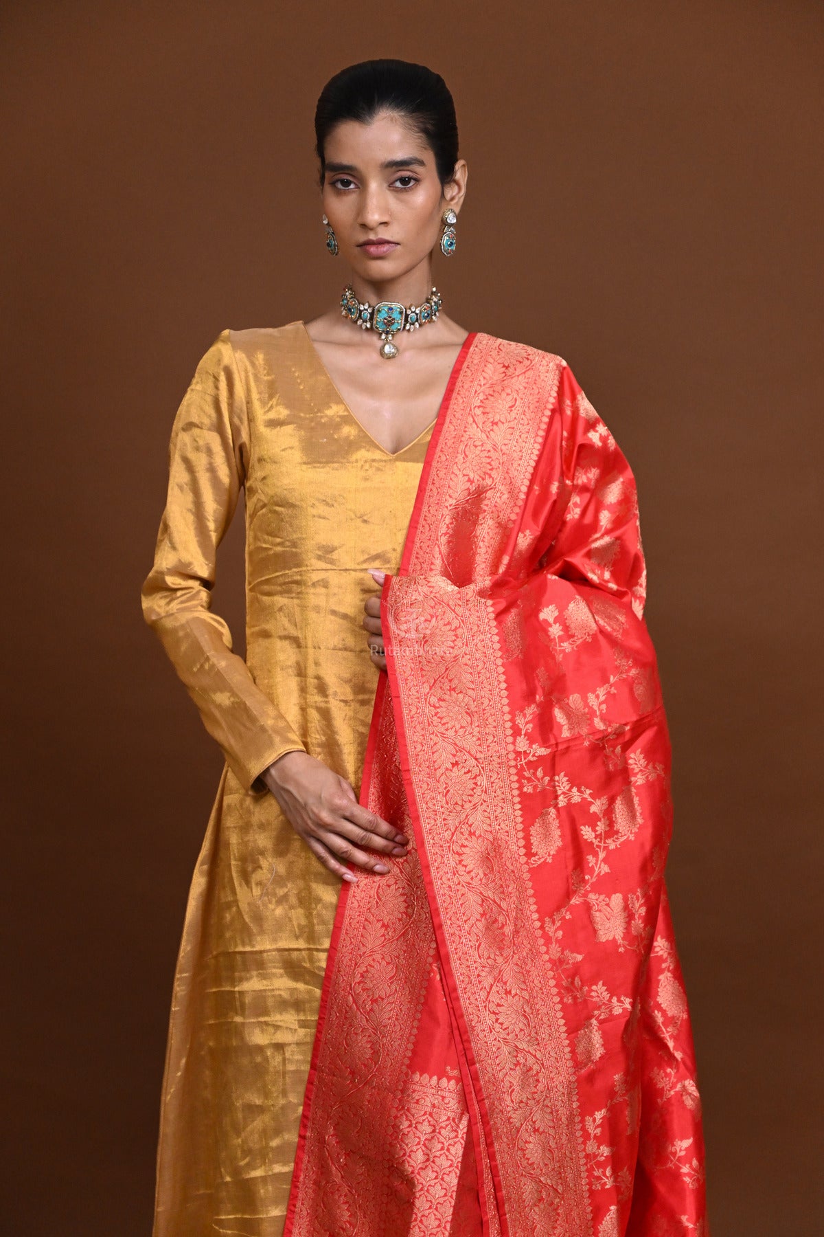 Noushk - Carrot Red Handloom Banarasi Silk Dupatta with Gold Zari Floral Jaal