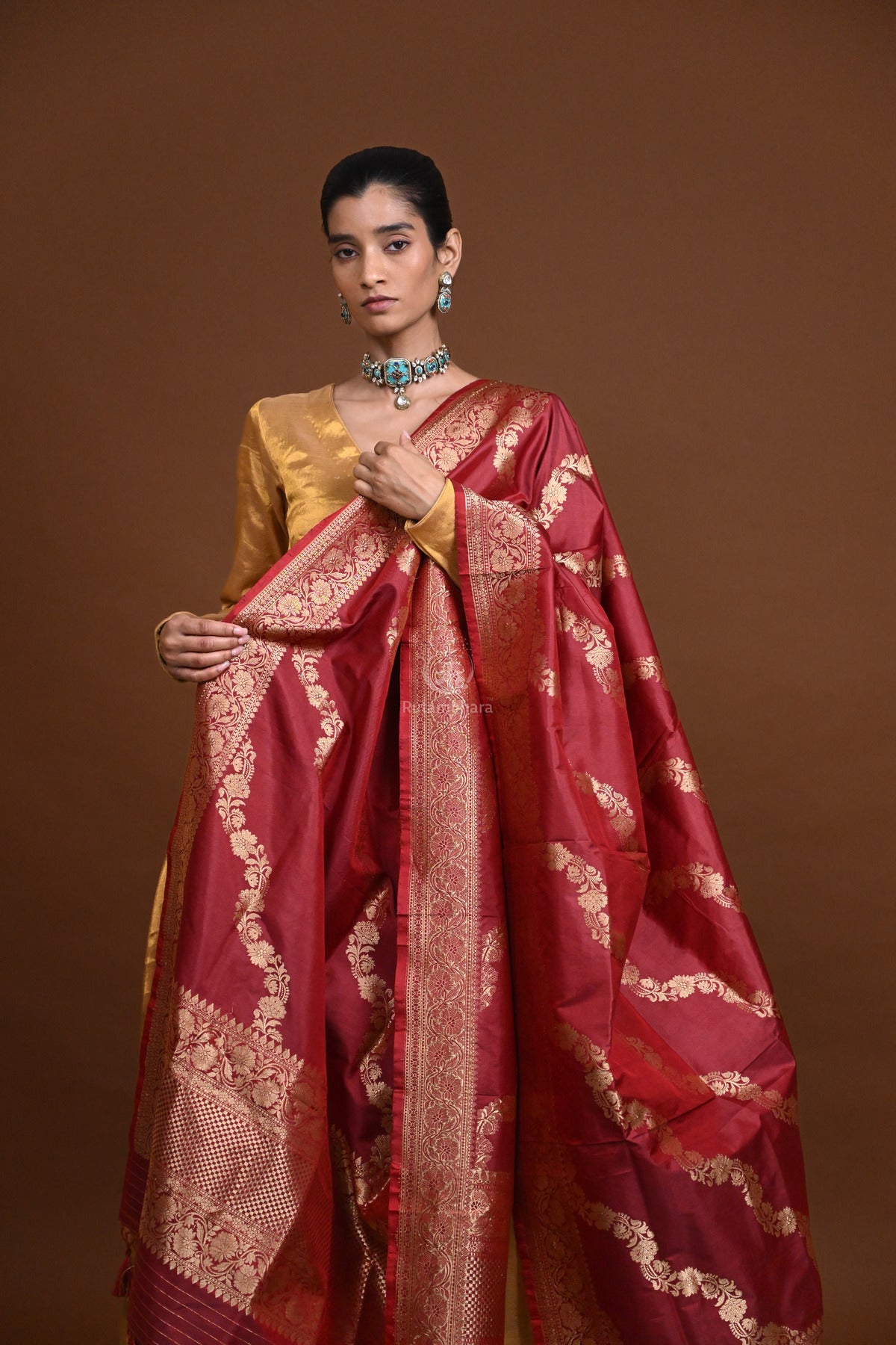Noushk - Maroon Handloom Banarasi Silk Dupatta with Gold Zari