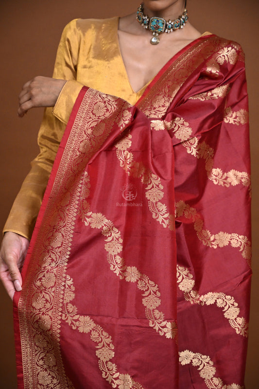 Noushk - Maroon Handloom Banarasi Silk Dupatta with Gold Zari