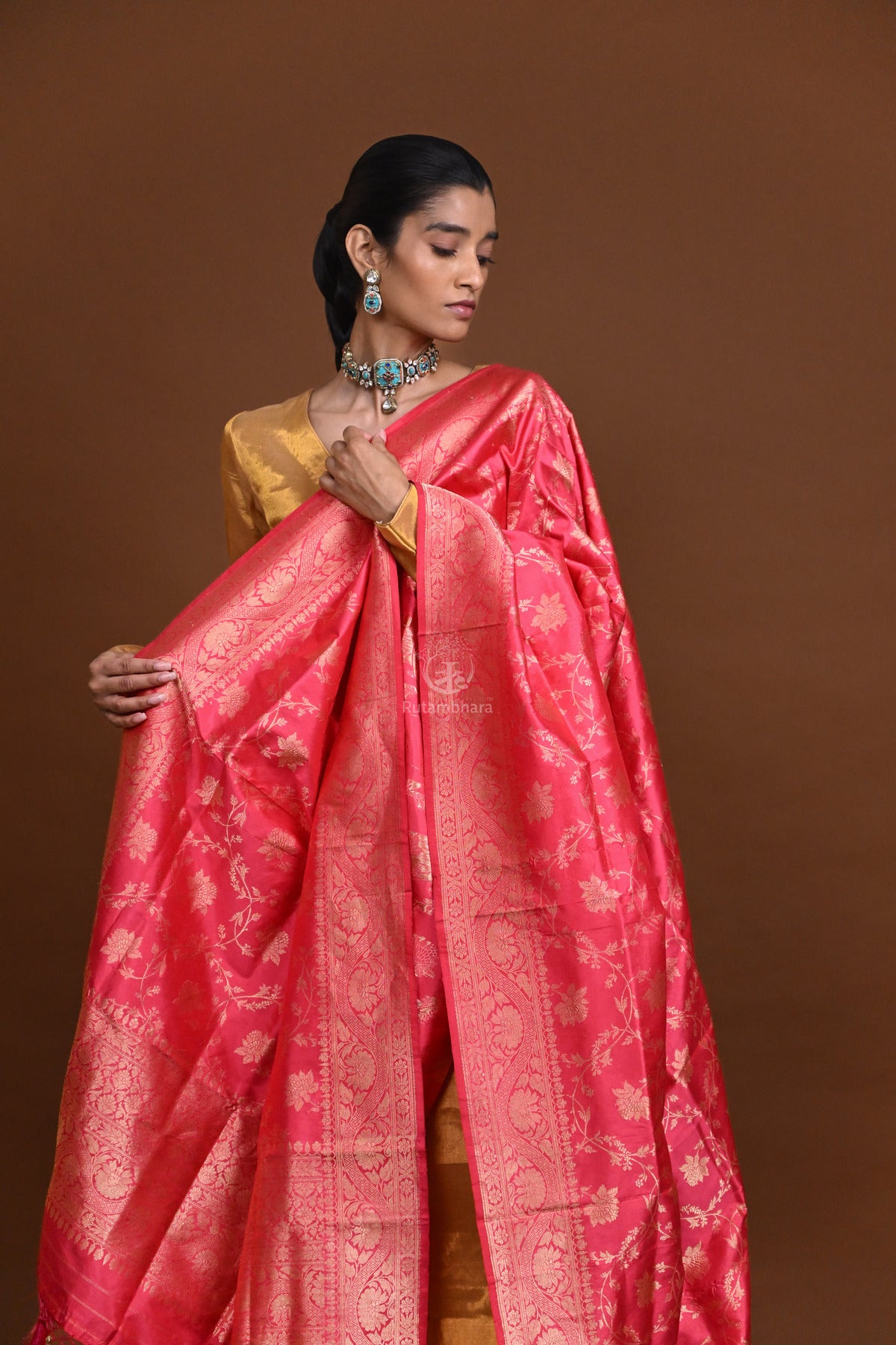 Noushk - Pink shot Orange Handloom Banarasi Silk Dupatta with Gold Zari Floral Jaal-Rutambhara-RUTAMBHARA