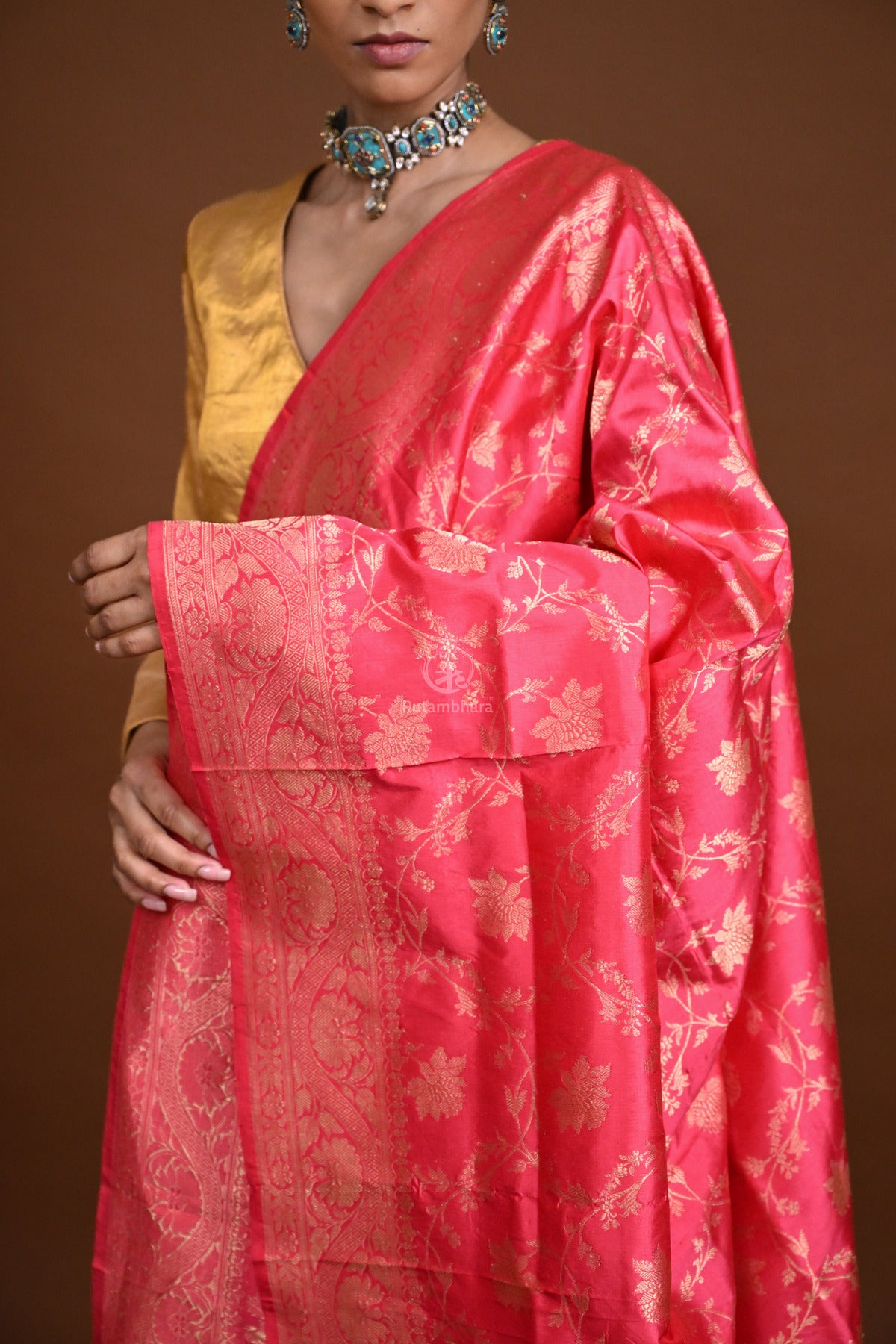 Noushk - Pink shot Orange Handloom Banarasi Silk Dupatta with Gold Zari Floral Jaal-Rutambhara-RUTAMBHARA