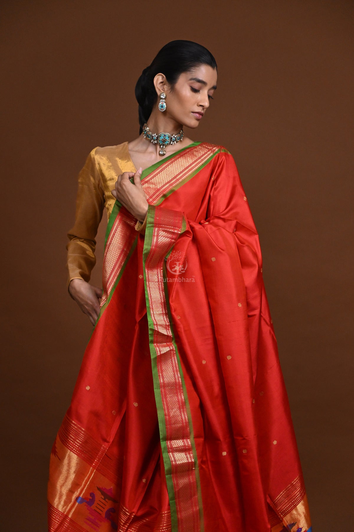 Handwoven Paithani Silk Dupatta-Rutambhara-RUTAMBHARA