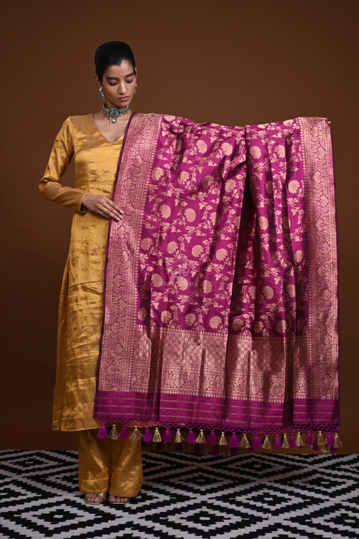 Noushk - Purple Handloom Banarasi Silk Dupatta with Gold Zari Floral Jaal