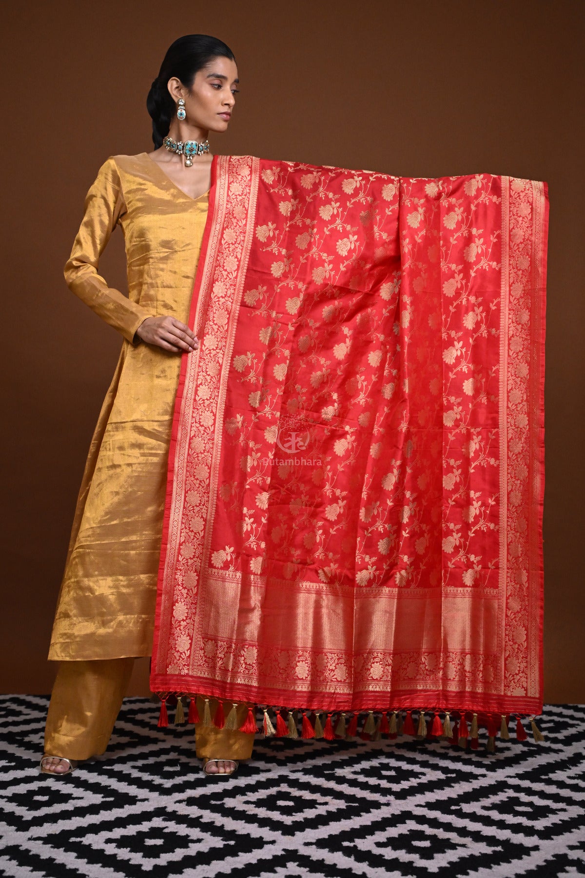 Noushk - Red Handloom Banarasi Silk Dupatta with Gold Zari border and floral jaal all over.