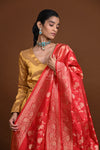 Noushk - Red Handloom Banarasi Silk Dupatta with Gold Zari border and floral jaal all over.