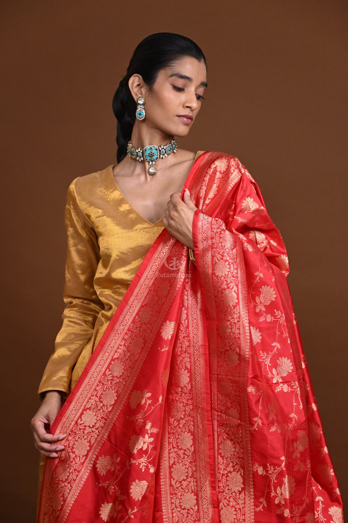 Noushk - Red Handloom Banarasi Silk Dupatta with Gold Zari border and floral jaal all over.