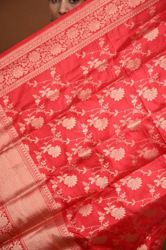 Noushk - Red Handloom Banarasi Silk Dupatta with Gold Zari border and floral jaal all over.