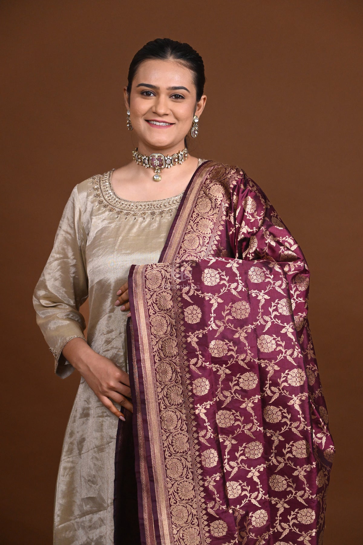 Noushk - Wine Handloom Banarasi Silk Dupatta with Gold Zari Floral Jaal