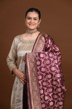 Noushk - Wine Handloom Banarasi Silk Dupatta with Gold Zari Floral Jaal-Rutambhara-RUTAMBHARA