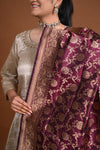 Noushk - Wine Handloom Banarasi Silk Dupatta with Gold Zari Floral Jaal