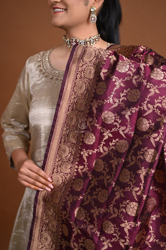 Noushk - Wine Handloom Banarasi Silk Dupatta with Gold Zari Floral Jaal