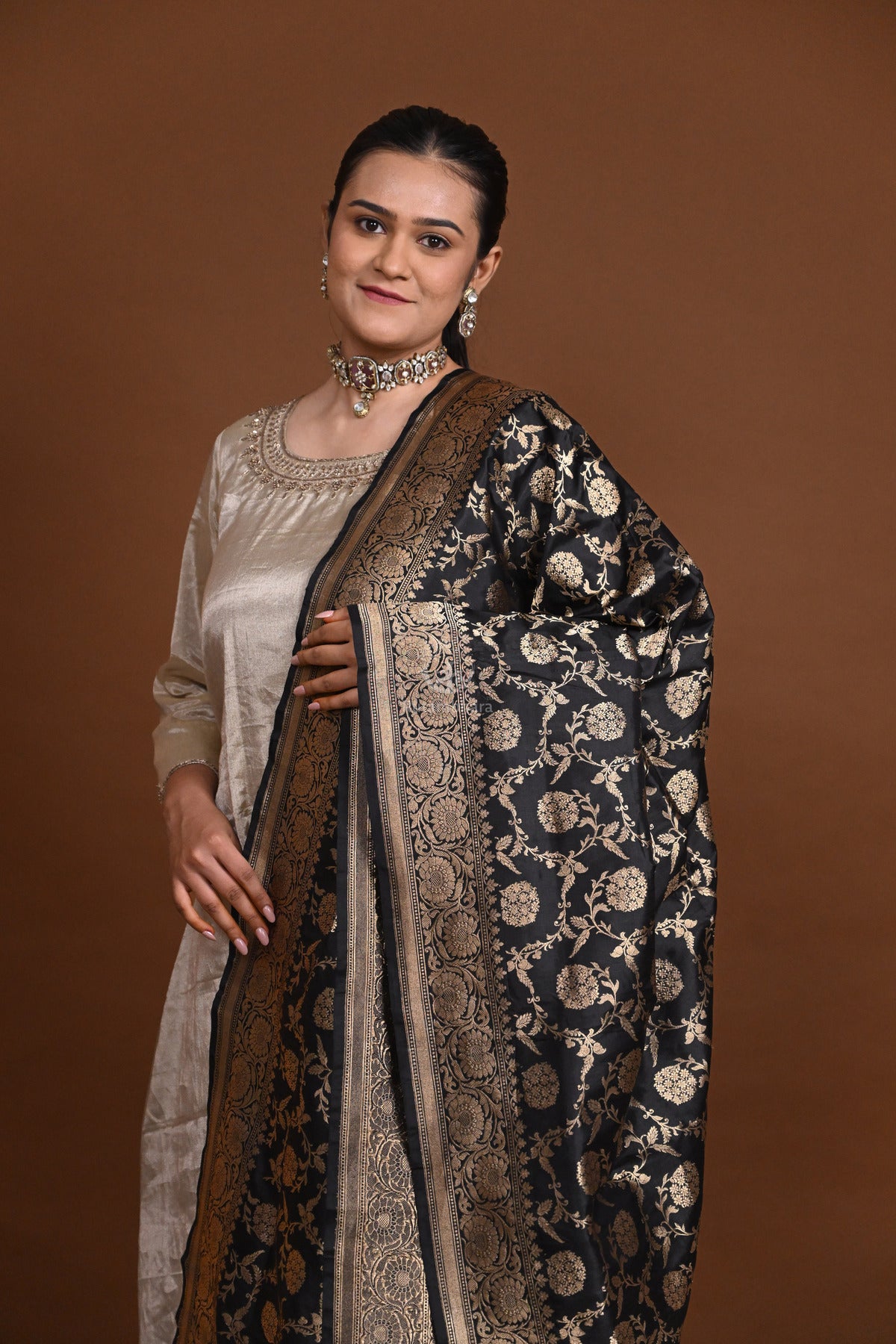 Noushk - Black Handloom Banarasi Silk Dupatta with Gold Zari Floral Jaal