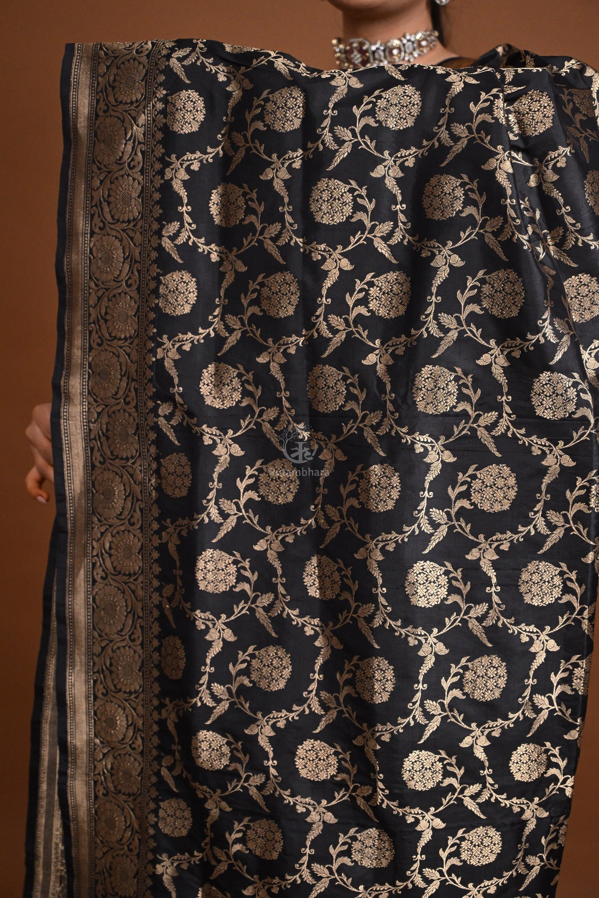 Noushk - Black Handloom Banarasi Silk Dupatta with Gold Zari Floral Jaal